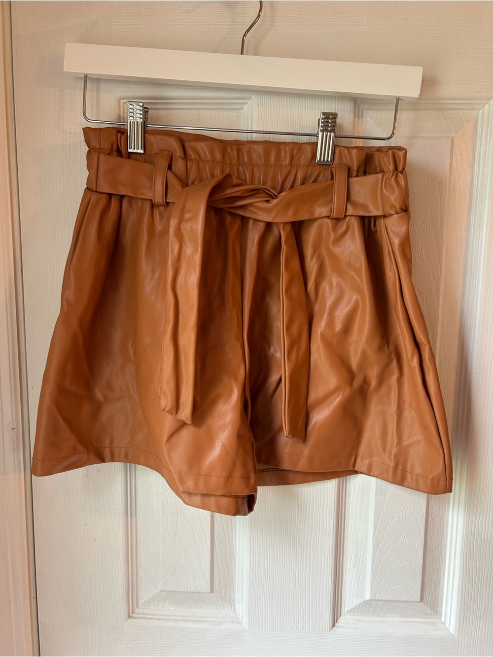 High-Waist Paperbag Faux Leather Shorts - Tan